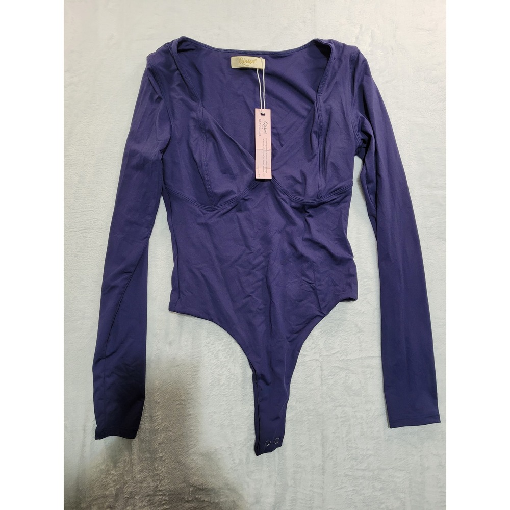 NWT Qinsen Bodysuit Women Small Purple Long Sleeve Sweetheart Thong Snap Bodycon